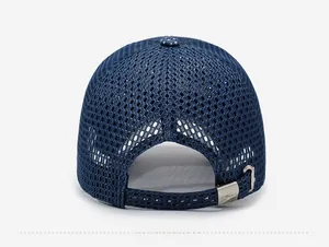 Detail of navy mesh baseball cap with breathable fabric and adjustable metal buckle