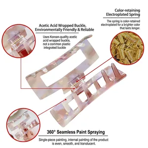 Large acetate hair claw clip with pink marble texture and hollow rectangular design