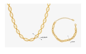 Detail view of 18K gold plated steel chain set with 0.8cm necklace and 0.6cm bracelet