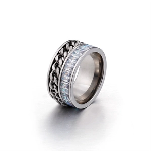 Fashionable Cuban chain style stainless steel ring featuring rectangular zircon stones
