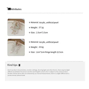 Size chart showing acrylic and faux pearl hair clip dimensions and tassel length detail