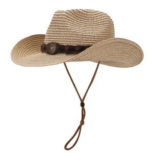 Western straw cowboy hat with vintage star emblem and adjustable chin strap