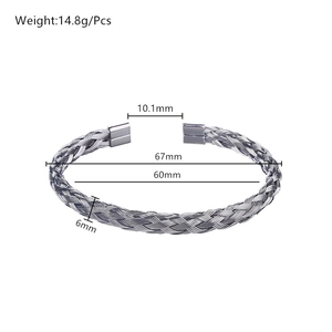 Technical drawing of a braided silver steel bracelet with dimensions and weight specs