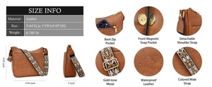Detail of brown leather crossbody bag featuring a wide ethnic style strap and gold hardware