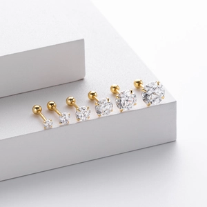 Classic S925 sterling silver four-prong zircon screw back earrings in six assorted sizes