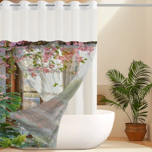 Close-up of waterproof shower curtain with silver metal grommets and floral bougainvillea