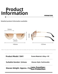 Detailed size specifications and technical dimensions for these cat eye rimless sunglasses