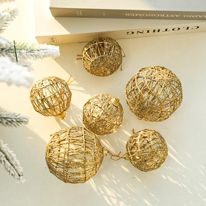 Golden glitter hollow iron Christmas balls set of 6 hanging ornaments for tree decoration