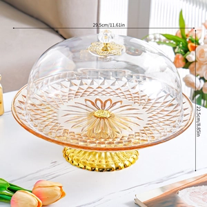 Detailed size view of the 29.5cm glass cake stand with golden base and diamond pattern dome