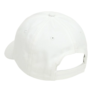 Detailed back view of a white cotton baseball cap showing adjustable velcro strap