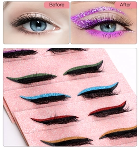Before and after comparison of colorful glitter eyeliner stickers with thick false eyelashes