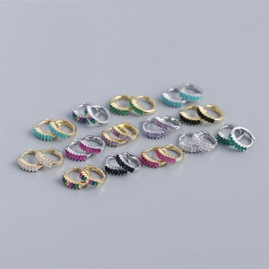 Detailed grid of S925 sterling silver hoop earrings with vibrant colorful cubic zirconia
