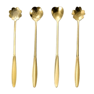 Set mit 4 goldenen Edelstahl-Dessertlöffeln mit Gänseblümchen Rose Herz und Kirschblüte