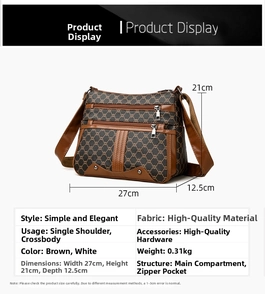 Detailed dimensions of brown patterned crossbody bag showing 27x21x12.5cm size