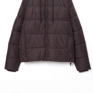 Women's warm hooded cropped puffer jacket in dark brown windproof quilted fabric
