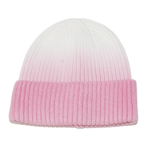 Detail of the pink gradient rib-knit texture and folded cuff on this winter beanie