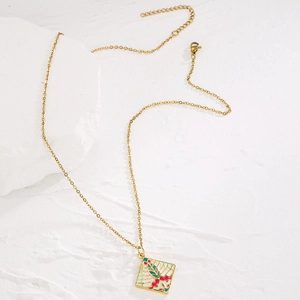 Gold plated bohemian square necklace with colorful enamel feather design and zircon stones