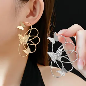 Luxury Hollow Butterfly Drop Earrings With Silver Earring Post Chic Statement Metal Floral Jewelry For Women