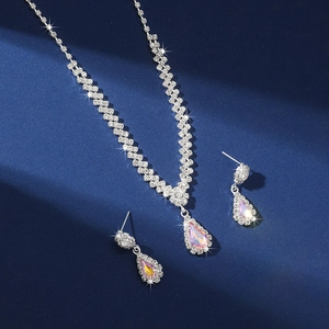 Close-up of teardrop iridescent crystal jewelry set with sparkling rhinestones