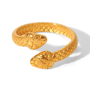 Macro detail of 18k gold plated snake ring showing realistic scale texture and dual heads