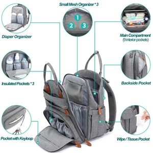Detail view of large capacity diaper bag with insulated pockets and multi-functional storage