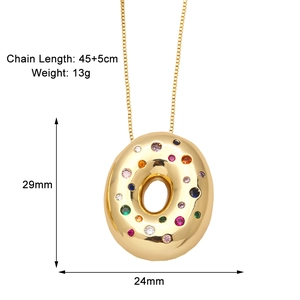 Detailed view of gold donut pendant featuring colorful zircon stones and dimensions
