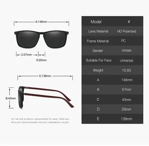 Detailed size chart and specifications for polarized unisex TR frame sunglasses