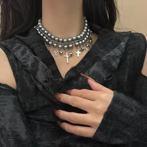 Multilayer Choker Necklace With Gray Faux Artificial Pearl And Alloy Cross Pendants Gothic Punk Vintage Style For Women