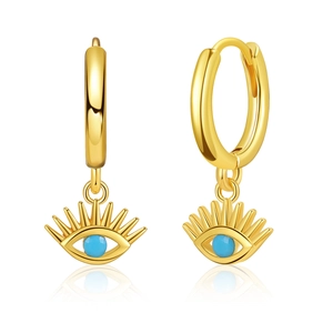 Detail showing 18K gold-plated hoop earrings with turquoise evil eye pendant accents
