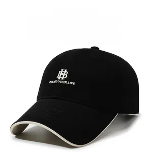 Close-up of vintage black baseball cap with white HB embroidery and text on twill fabric