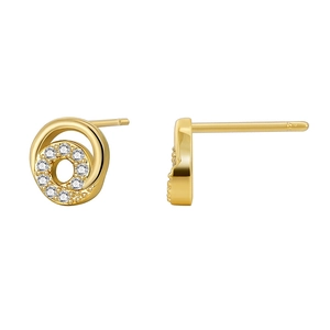 Minimalist gold plated circular stud earrings with clear zircon stones on white background