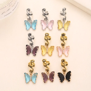 9-piece butterfly hair jewelry set with colorful crystal pendants and hip hop spiral rings