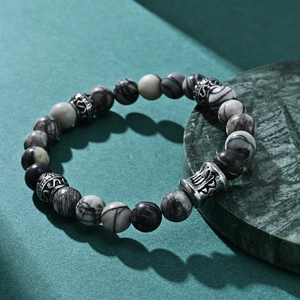 Retro Chinese style titanium steel bracelet with natural lava stone beads on stone plate