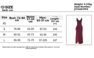 Detailed size chart for V-neck slit dress showing bust, waist and hips in centimeters