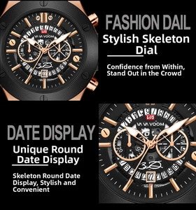 Macro view of skeleton dial detail on a black and rose gold waterproof sports watch