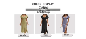 Aperçu détaillé des robes en satin à col en V en vert matcha, noir et bleu argenté chic