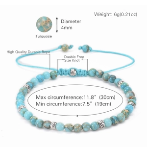 Adjustable turquoise beaded bracelet for women with 4mm natural stones and sky blue cord