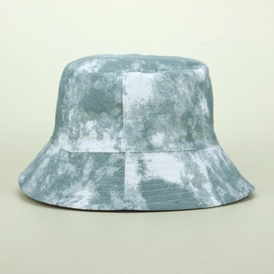 Close-up of tie-dye bucket hat showing marble texture and premium canvas cotton stitching