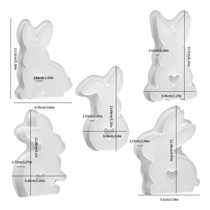 Detailed dimensions of five Easter rabbit silicone molds for DIY resin and wax crafts