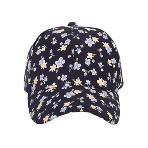 Floral print baseball cap in navy blue with yellow and purple flower patterns