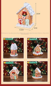 Detailed size specifications for gingerbread house ornaments with Christmas figurines