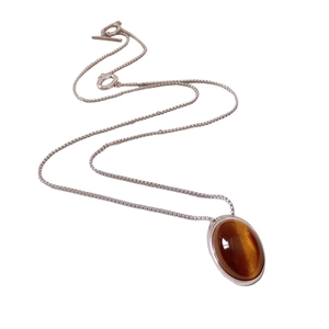 Oval tiger eye stone pendant necklace with silver box chain and adjustable toggle clasp