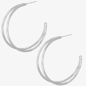 Macro shot of double-layered silver 304 stainless steel hoop earrings with polished finish
