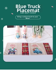 Christmas table placement set with blue truck print and red buffalo plaid linen pockets
