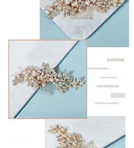 Detail shot of handmade golden wedding hair comb with white pearls and crystal leaves