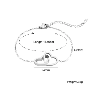 Detailed size chart of stainless steel interlocking double heart bracelet with lobster clasp