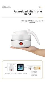 Detail view showing collapsible white silicone kettle height compared to common items