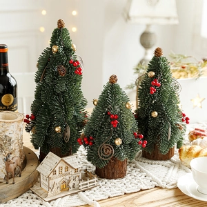 Mini Christmas Tree Artificial Pine Desktop Decoration With Wooden Base Red Berries Pine Cones Gold Ball Festive Ornament