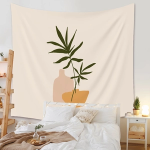 Close-up of bohemian wall tapestry with abstract green plants and artistic vases