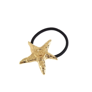 Elastic hair tie featuring a polished gold starfish charm with textured spiral detail